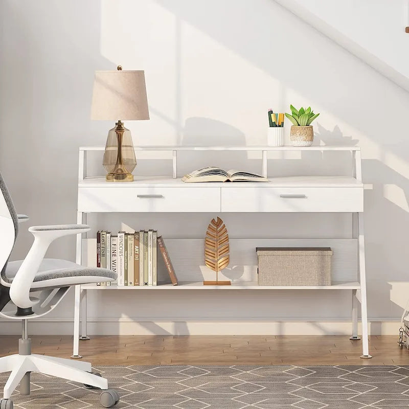 Bureau blanc/gris avec rehausseur d'écran, 2 tiroirs et étagère inférieure — 1 personne