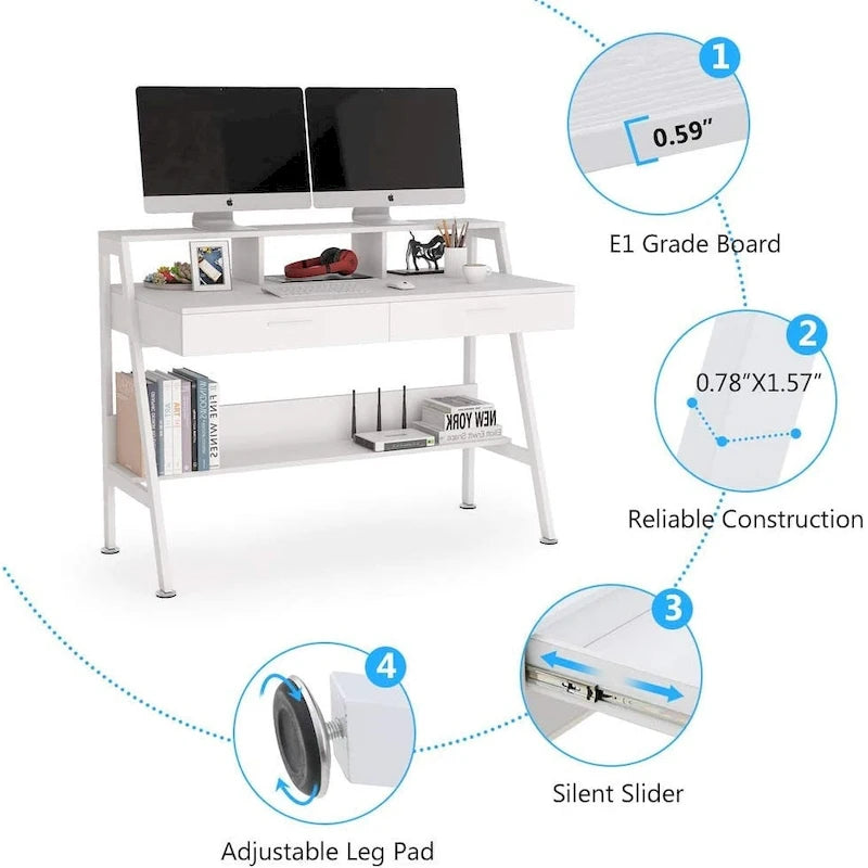 Bureau blanc/gris avec rehausseur d'écran, 2 tiroirs et étagère inférieure — 1 personne