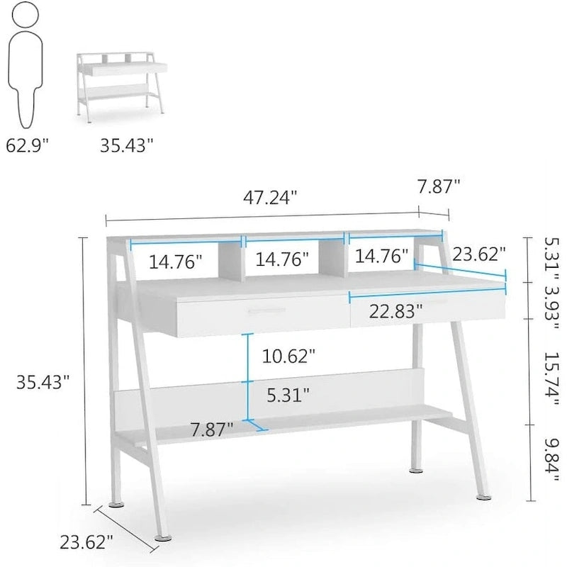 Bureau blanc/gris avec rehausseur d'écran, 2 tiroirs et étagère inférieure — 1 personne