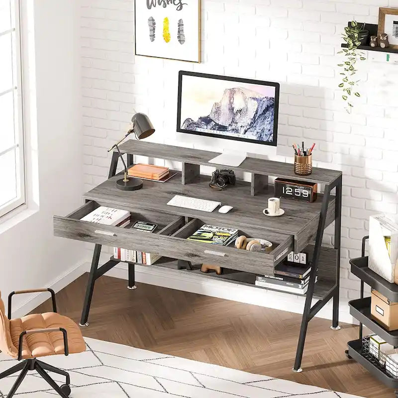 Bureau blanc/gris avec rehausseur d'écran, 2 tiroirs et étagère inférieure — 1 personne