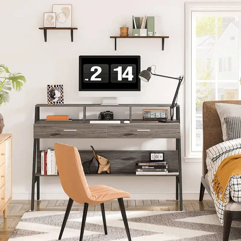 Bureau blanc/gris avec rehausseur d'écran, 2 tiroirs et étagère inférieure — 1 personne