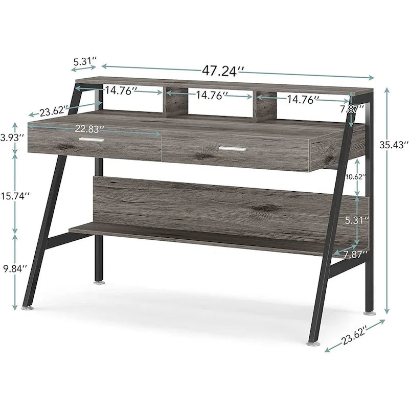 Bureau blanc/gris avec rehausseur d'écran, 2 tiroirs et étagère inférieure — 1 personne