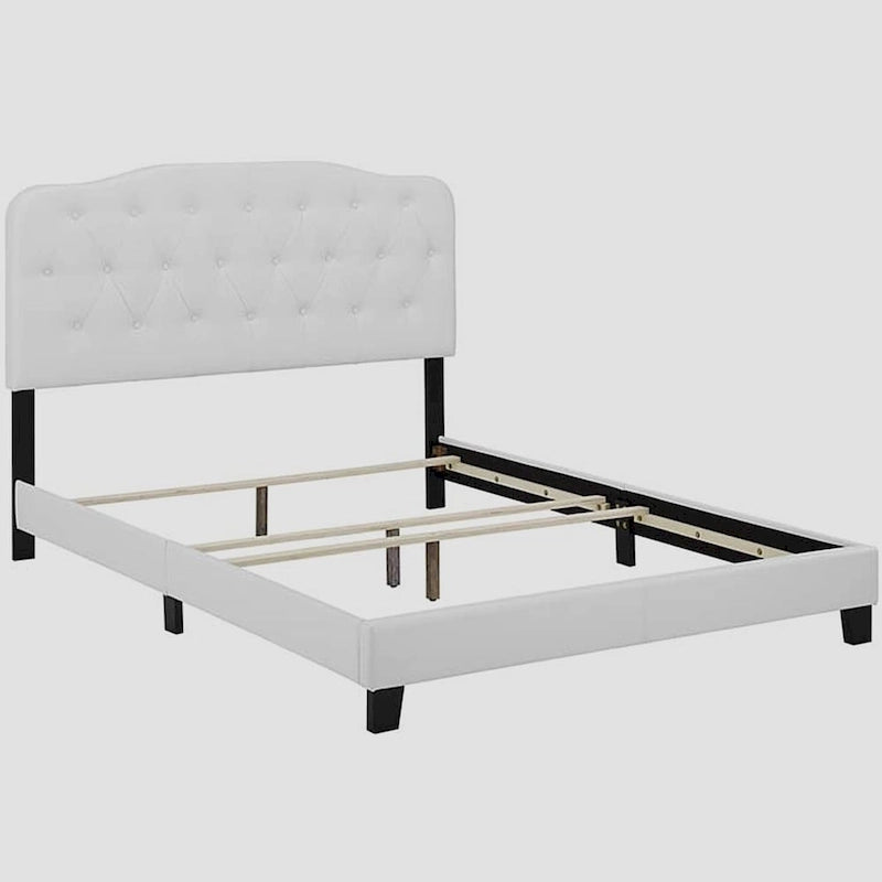Lit plateforme blanc en similicuir taille king avec tête de lit capitonnée