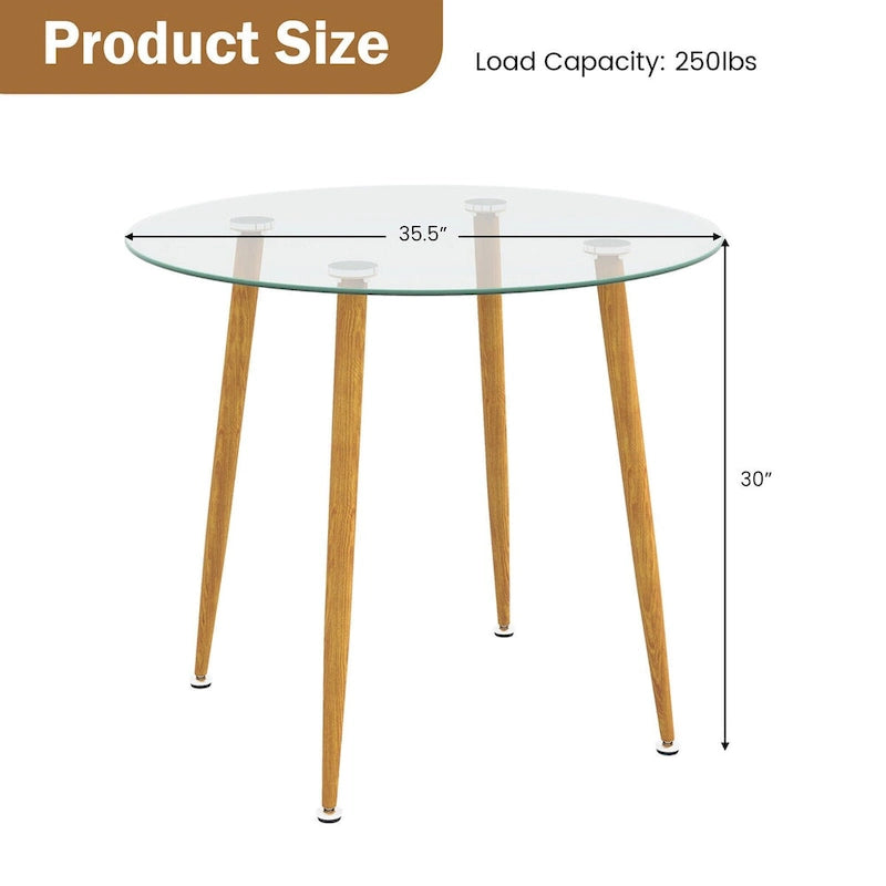 Table à manger ronde en verre transparent avec pieds en métal, 2 à 4 places