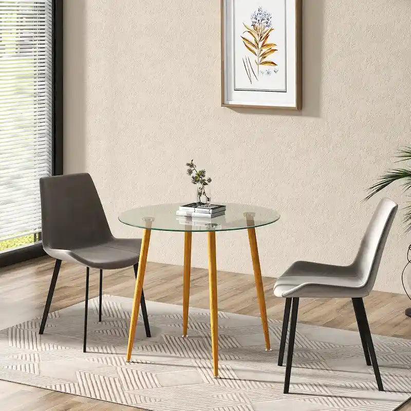 Table à manger ronde en verre transparent avec pieds en métal, 2 à 4 places