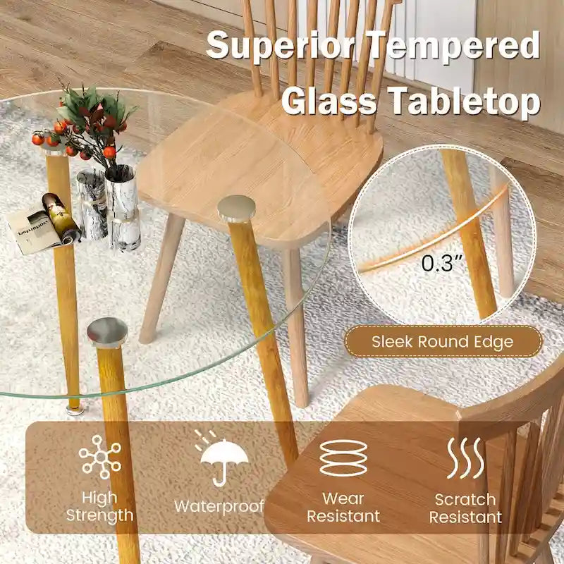 Table à manger ronde en verre transparent avec pieds en métal, 2 à 4 places
