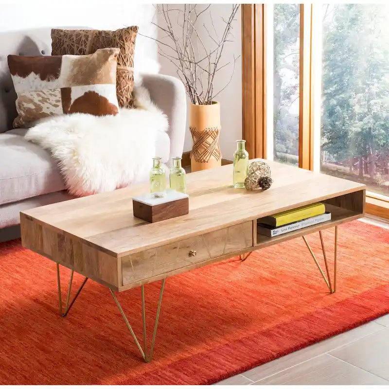 Table basse naturel / blanc délavé, pieds épingle à cheveux, 1 tiroir 1 étagère, 1 place