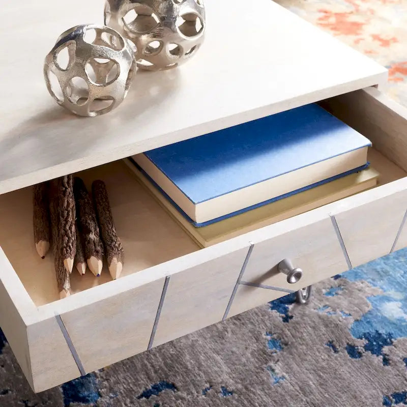 Table basse naturel / blanc délavé, pieds épingle à cheveux, 1 tiroir 1 étagère, 1 place