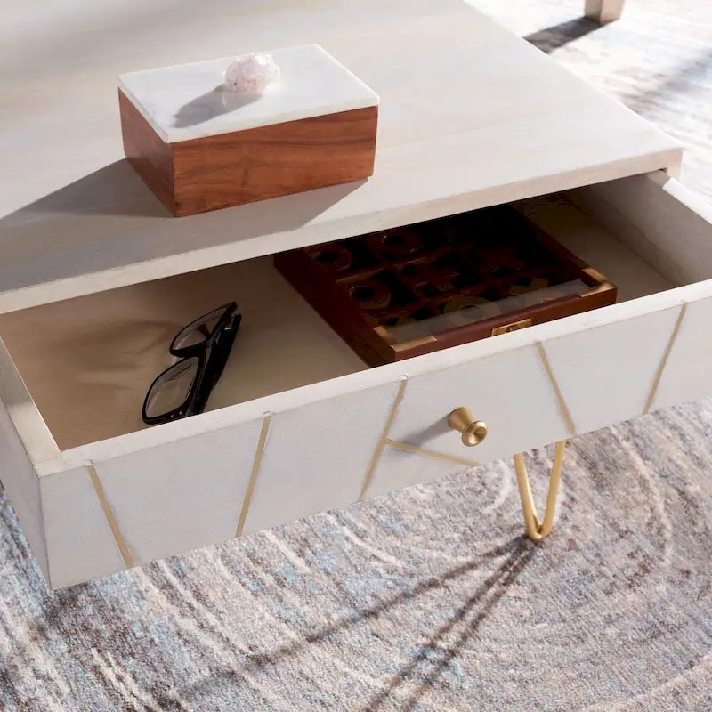 Table basse naturel / blanc délavé, pieds épingle à cheveux, 1 tiroir 1 étagère, 1 place