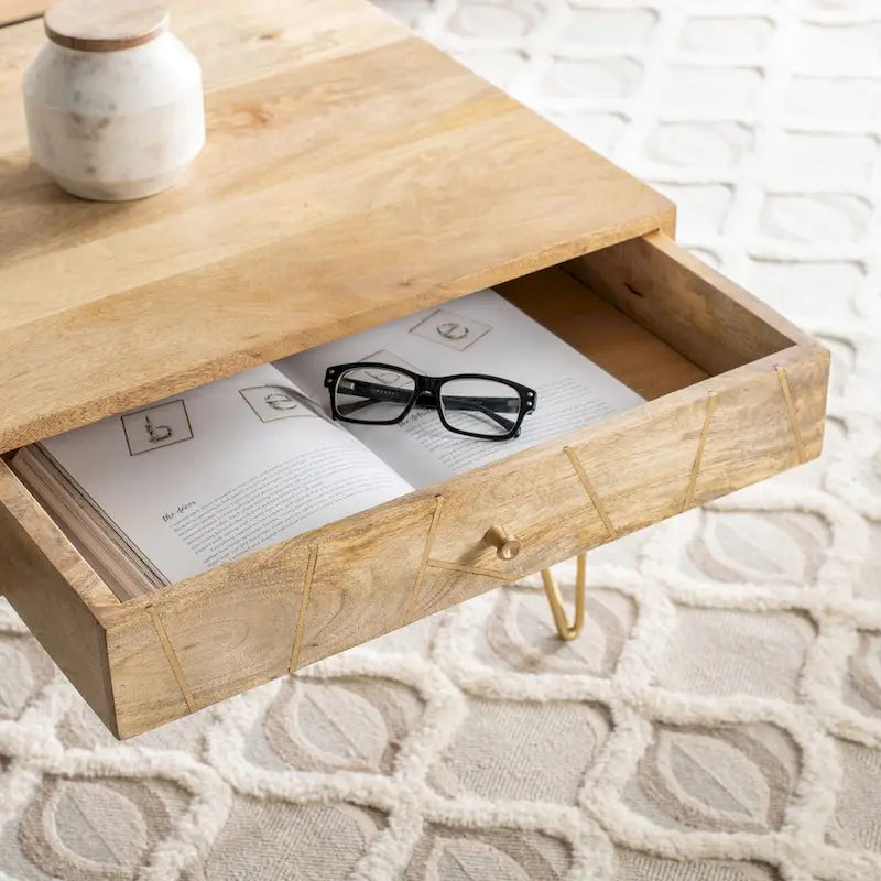 Table basse naturel / blanc délavé, pieds épingle à cheveux, 1 tiroir 1 étagère, 1 place