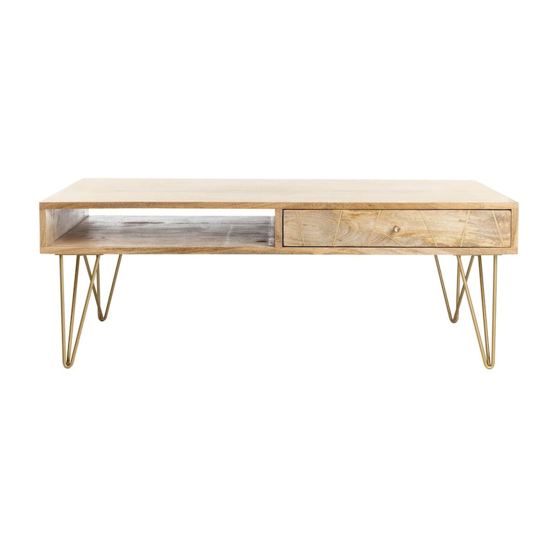Table basse naturel / blanc délavé, pieds épingle à cheveux, 1 tiroir 1 étagère, 1 place