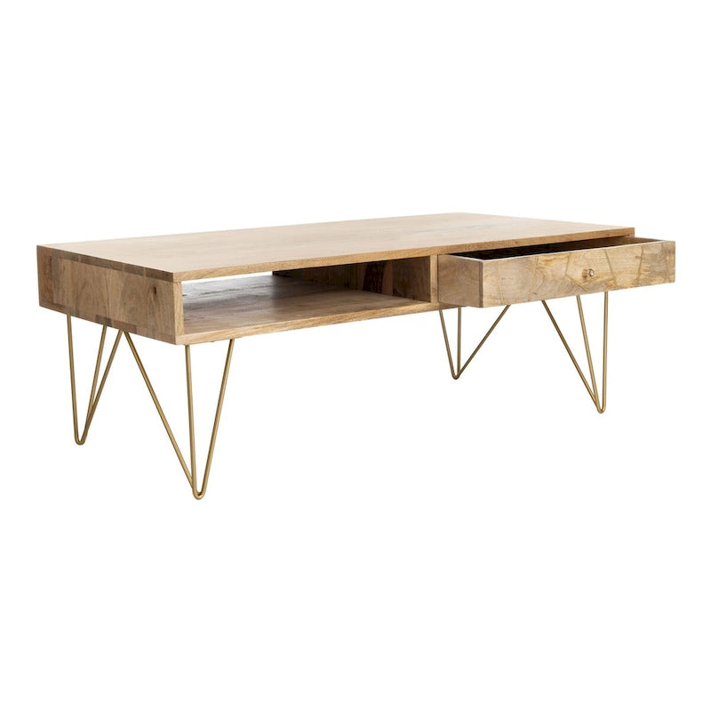 Table basse naturel / blanc délavé, pieds épingle à cheveux, 1 tiroir 1 étagère, 1 place
