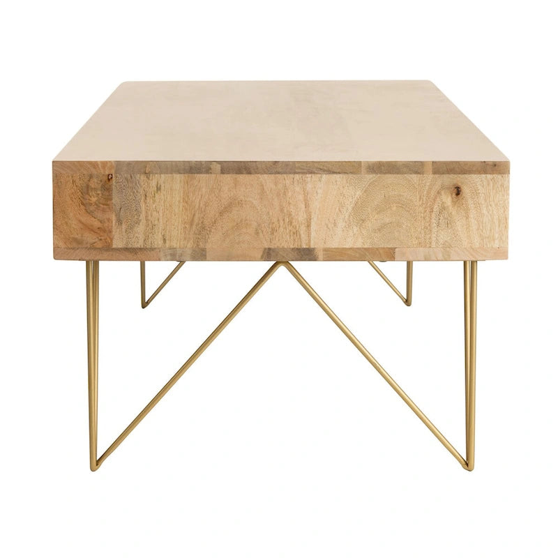 Table basse naturel / blanc délavé, pieds épingle à cheveux, 1 tiroir 1 étagère, 1 place