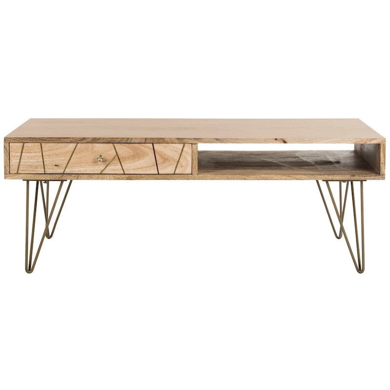 Table basse naturel / blanc délavé, pieds épingle à cheveux, 1 tiroir 1 étagère, 1 place