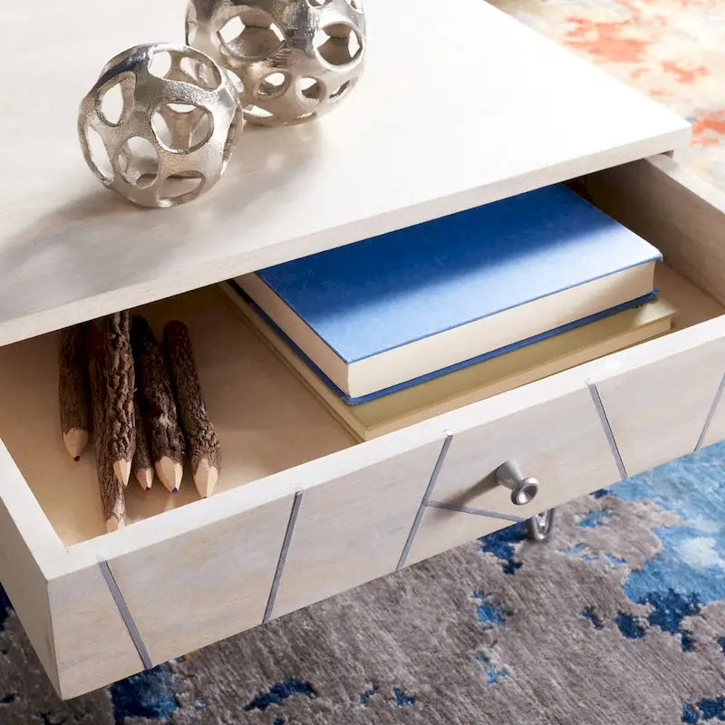 Table basse naturel / blanc délavé, pieds épingle à cheveux, 1 tiroir 1 étagère, 1 place