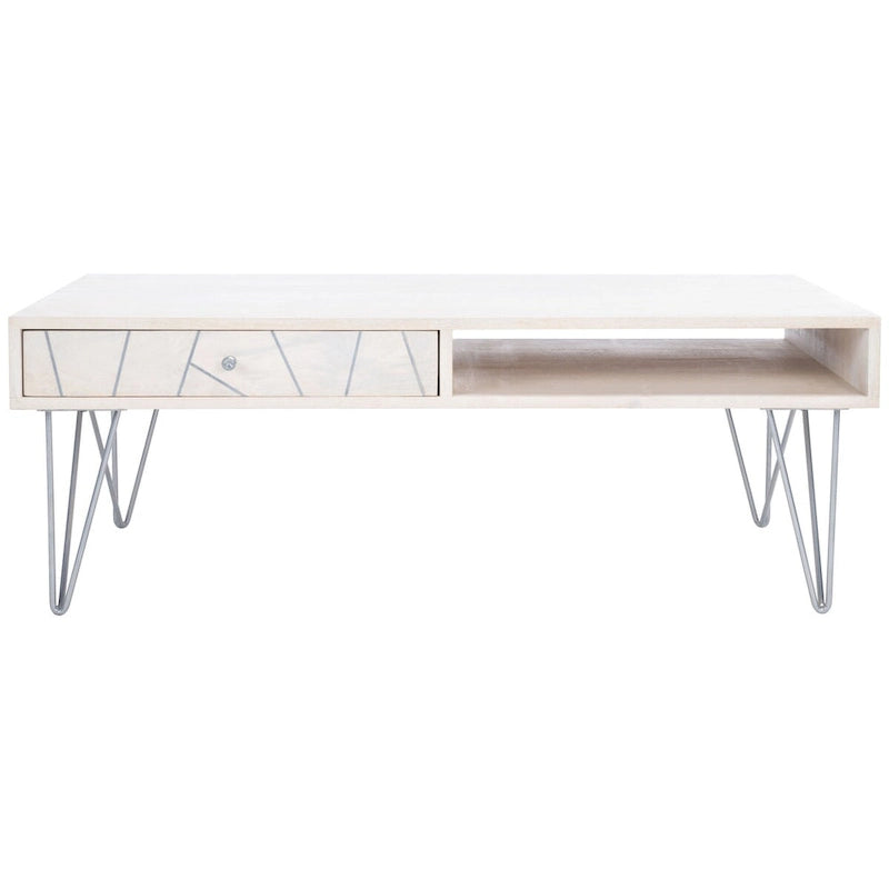 Table basse naturel / blanc délavé, pieds épingle à cheveux, 1 tiroir 1 étagère, 1 place