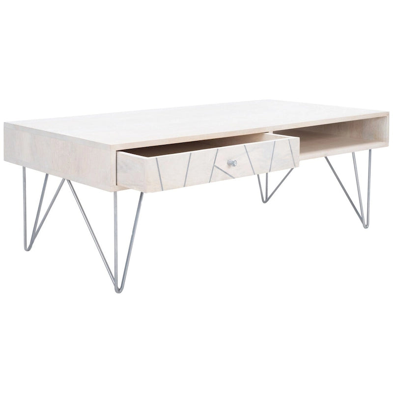 Table basse naturel / blanc délavé, pieds épingle à cheveux, 1 tiroir 1 étagère, 1 place