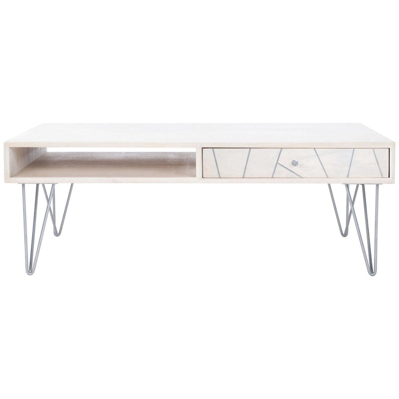 Table basse naturel / blanc délavé, pieds épingle à cheveux, 1 tiroir 1 étagère, 1 place
