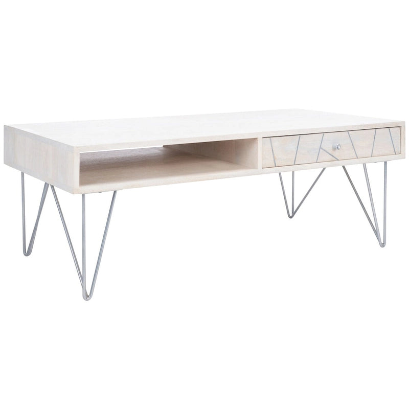Table basse naturel / blanc délavé, pieds épingle à cheveux, 1 tiroir 1 étagère, 1 place