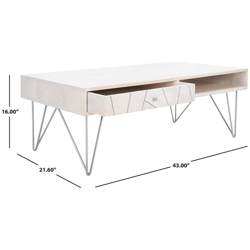 Table basse naturel / blanc délavé, pieds épingle à cheveux, 1 tiroir 1 étagère, 1 place