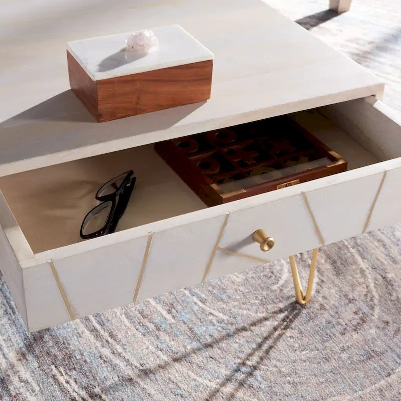 Table basse naturel / blanc délavé, pieds épingle à cheveux, 1 tiroir 1 étagère, 1 place