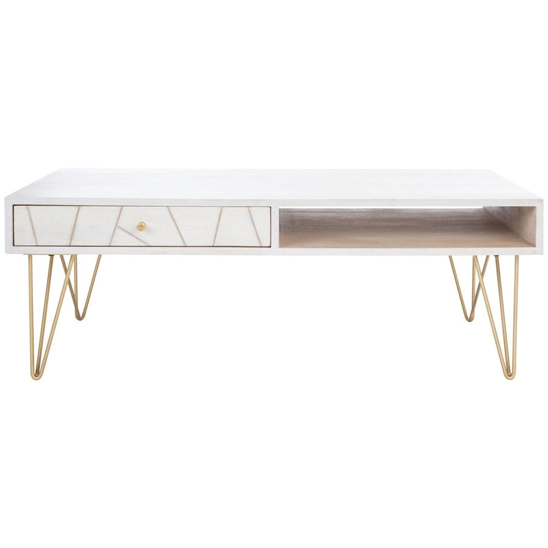 Table basse naturel / blanc délavé, pieds épingle à cheveux, 1 tiroir 1 étagère, 1 place