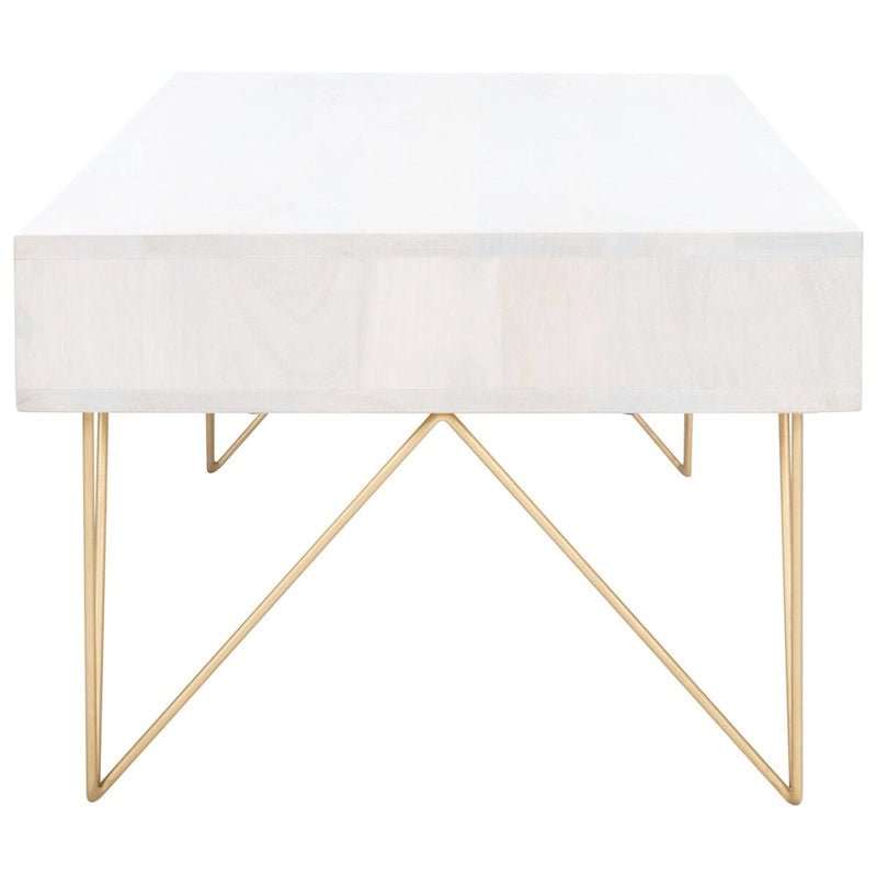 Table basse naturel / blanc délavé, pieds épingle à cheveux, 1 tiroir 1 étagère, 1 place