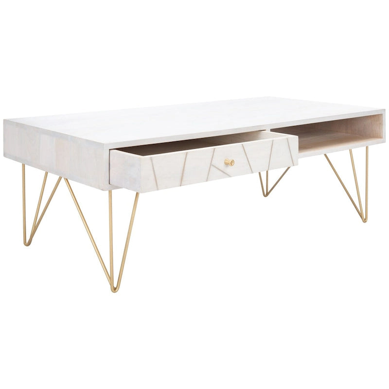 Table basse naturel / blanc délavé, pieds épingle à cheveux, 1 tiroir 1 étagère, 1 place