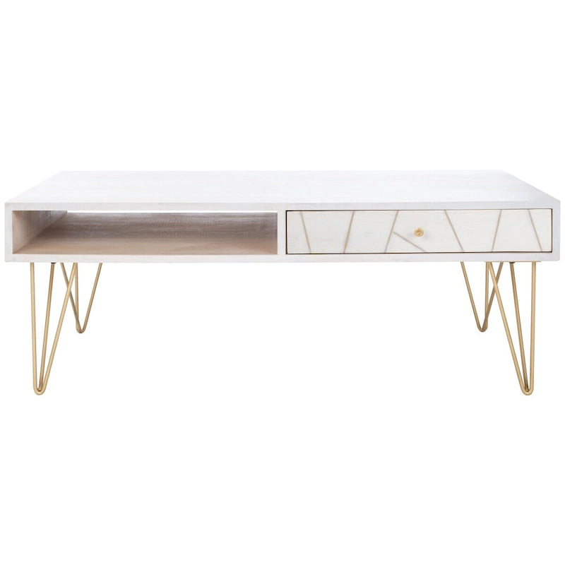 Table basse naturel / blanc délavé, pieds épingle à cheveux, 1 tiroir 1 étagère, 1 place