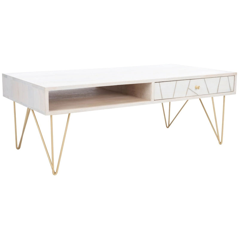 Table basse naturel / blanc délavé, pieds épingle à cheveux, 1 tiroir 1 étagère, 1 place