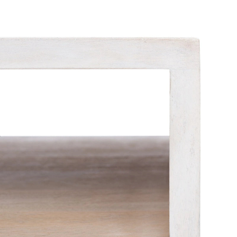 Table basse naturel / blanc délavé, pieds épingle à cheveux, 1 tiroir 1 étagère, 1 place