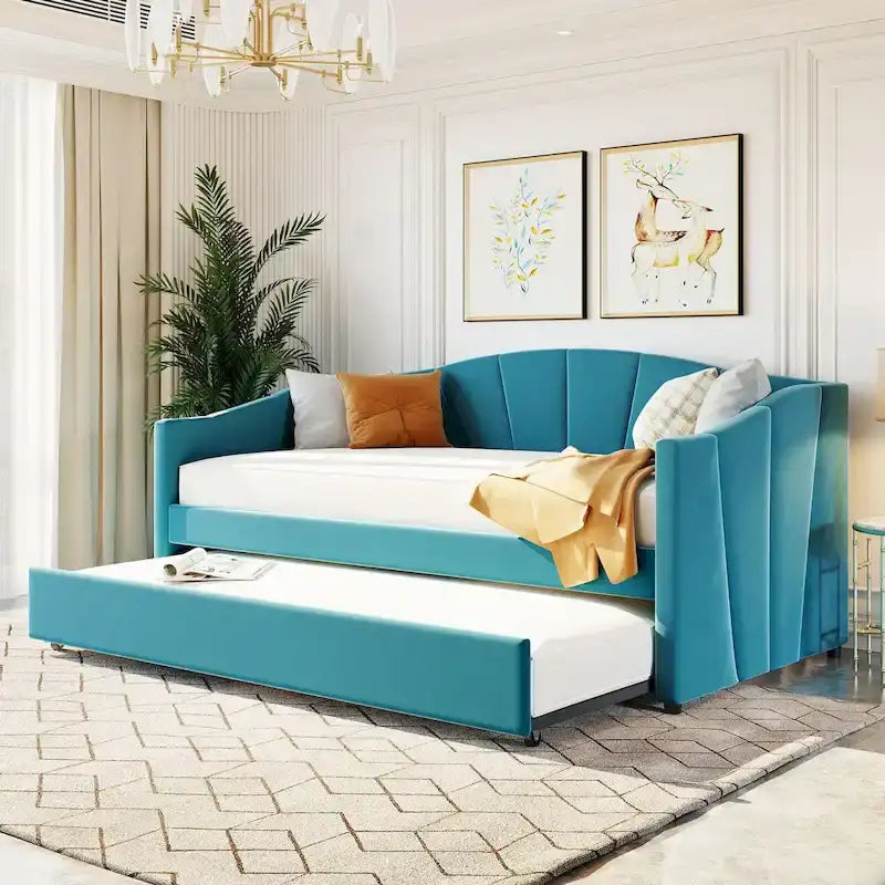 Lit de repos gigogne capitonné en velours, bleu/beige/gris, 2 couchages