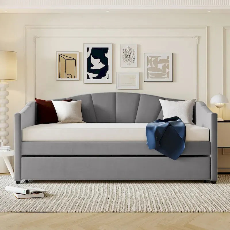 Lit de repos gigogne capitonné en velours, bleu/beige/gris, 2 couchages
