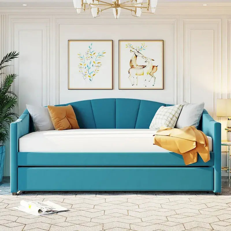 Lit de repos gigogne capitonné en velours, bleu/beige/gris, 2 couchages