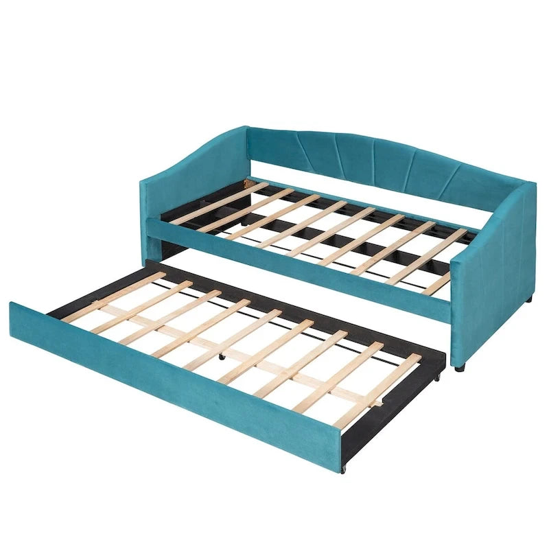 Lit de repos gigogne capitonné en velours, bleu/beige/gris, 2 couchages