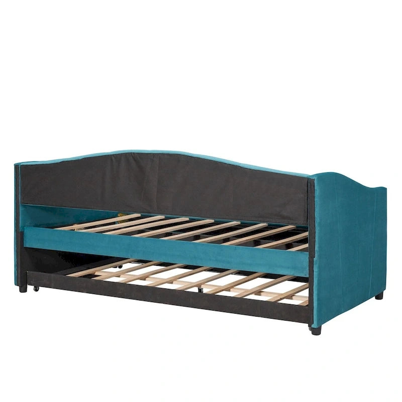 Lit de repos gigogne capitonné en velours, bleu/beige/gris, 2 couchages