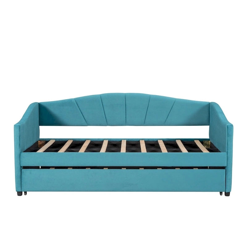 Lit de repos gigogne capitonné en velours, bleu/beige/gris, 2 couchages