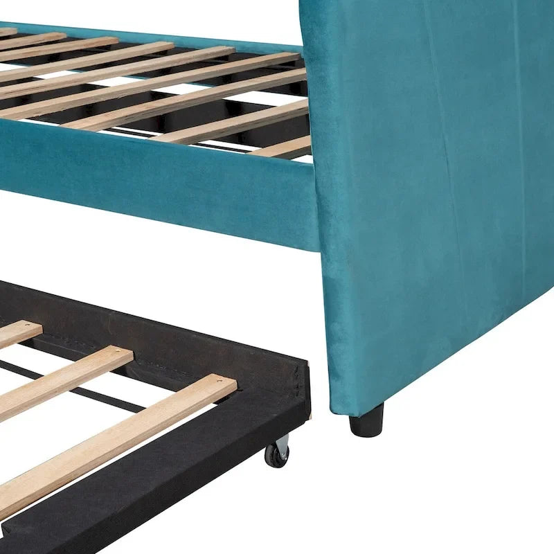 Lit de repos gigogne capitonné en velours, bleu/beige/gris, 2 couchages