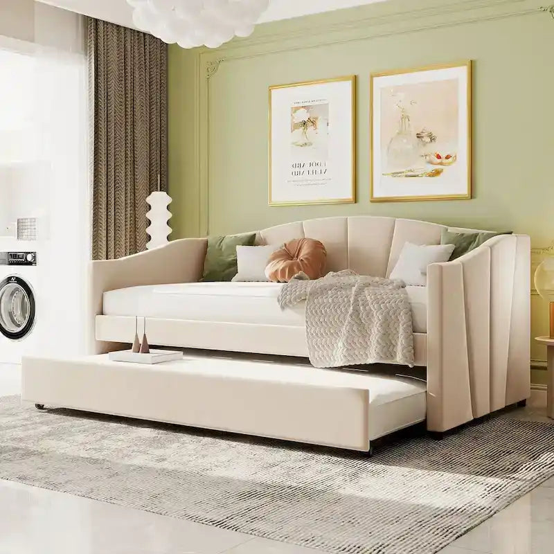 Lit de repos gigogne capitonné en velours, bleu/beige/gris, 2 couchages