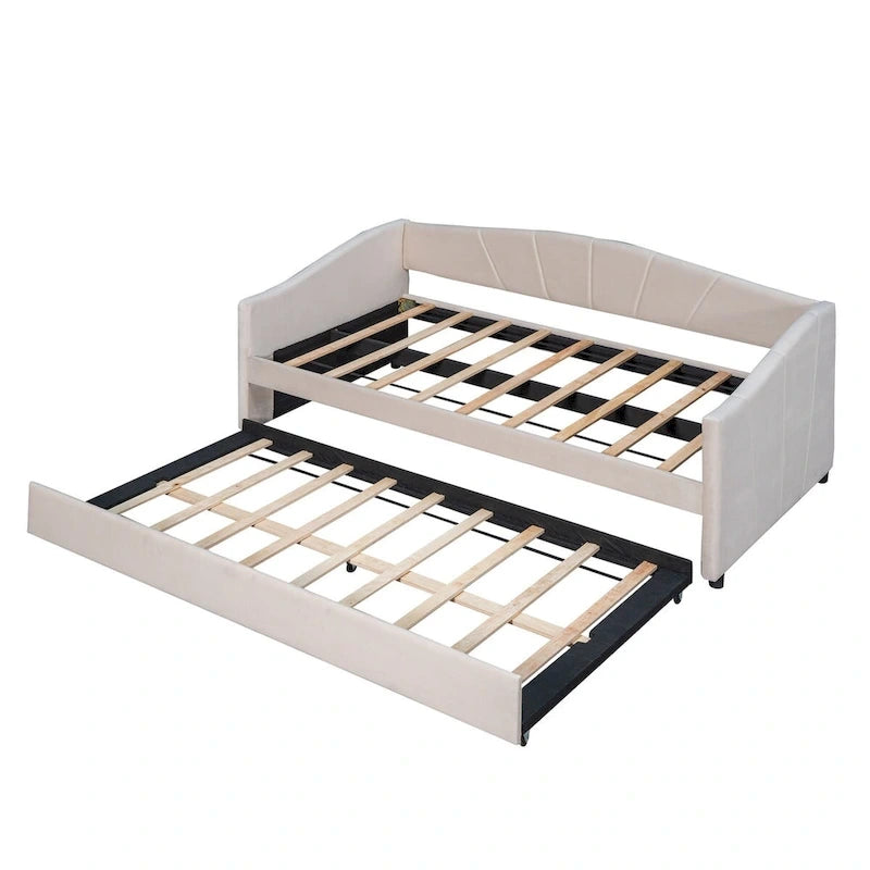 Lit de repos gigogne capitonné en velours, bleu/beige/gris, 2 couchages