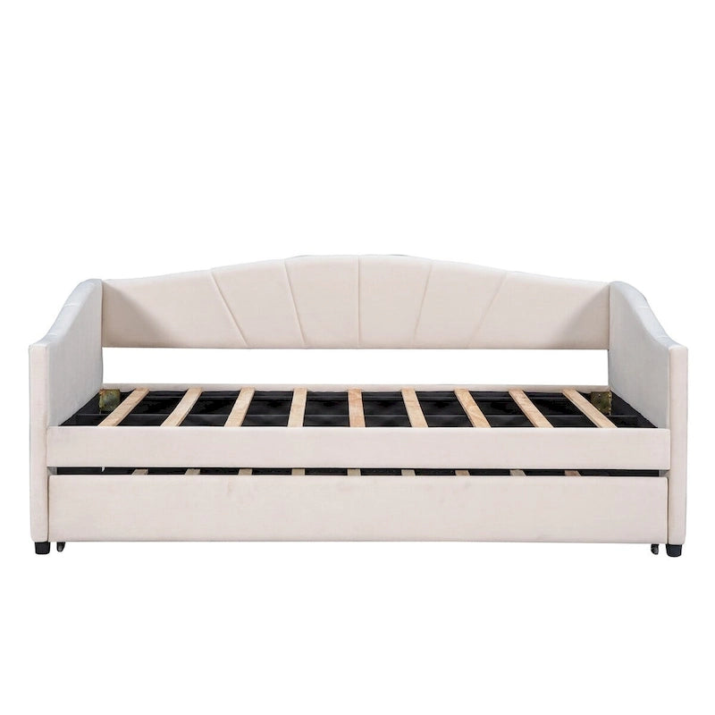 Lit de repos gigogne capitonné en velours, bleu/beige/gris, 2 couchages
