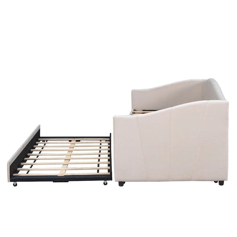 Lit de repos gigogne capitonné en velours, bleu/beige/gris, 2 couchages