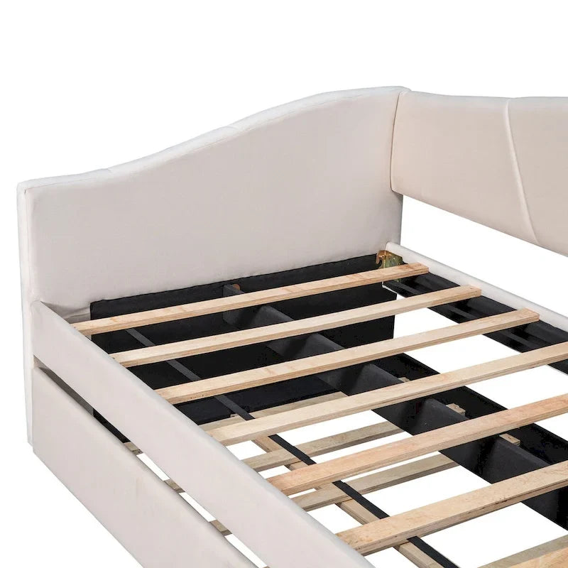 Lit de repos gigogne capitonné en velours, bleu/beige/gris, 2 couchages