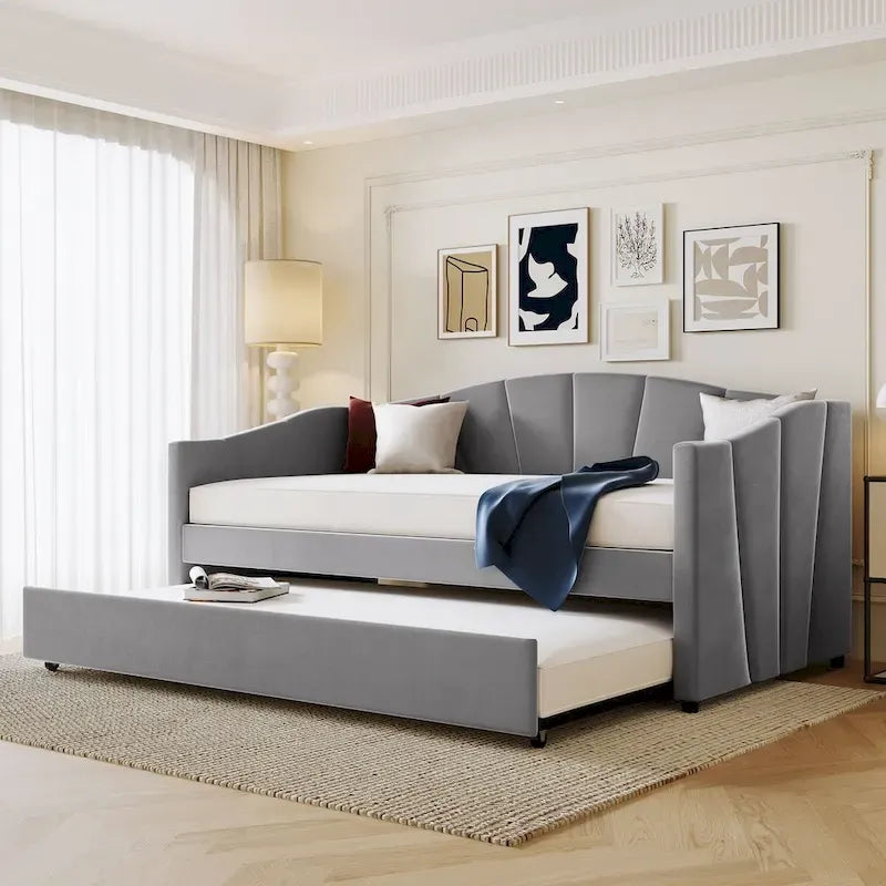 Lit de repos gigogne capitonné en velours, bleu/beige/gris, 2 couchages