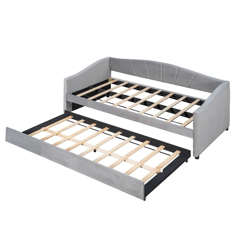 Lit de repos gigogne capitonné en velours, bleu/beige/gris, 2 couchages