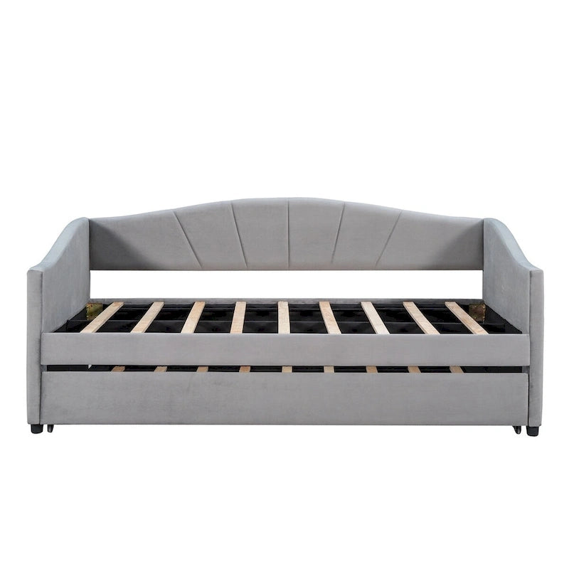 Lit de repos gigogne capitonné en velours, bleu/beige/gris, 2 couchages