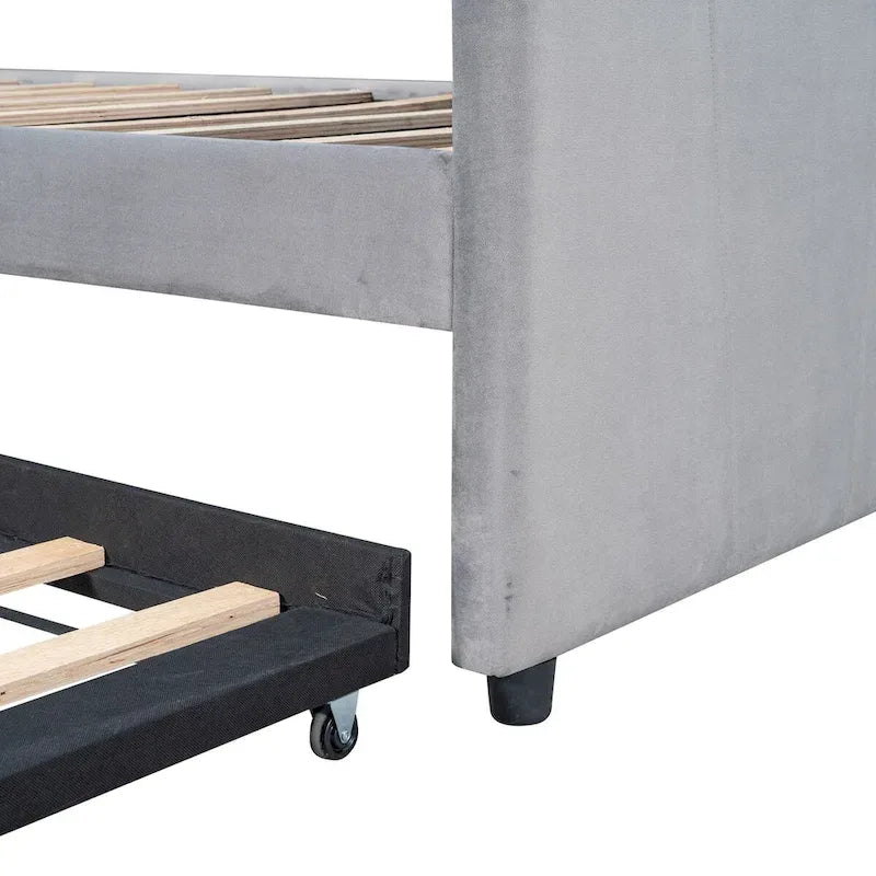 Lit de repos gigogne capitonné en velours, bleu/beige/gris, 2 couchages