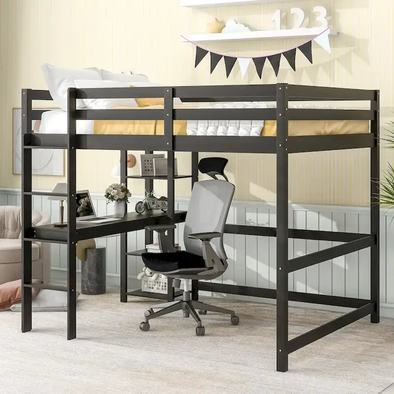 Lit mezzanine avec bureau et étagères, Espresso/Blanc/Gris, 1 place
