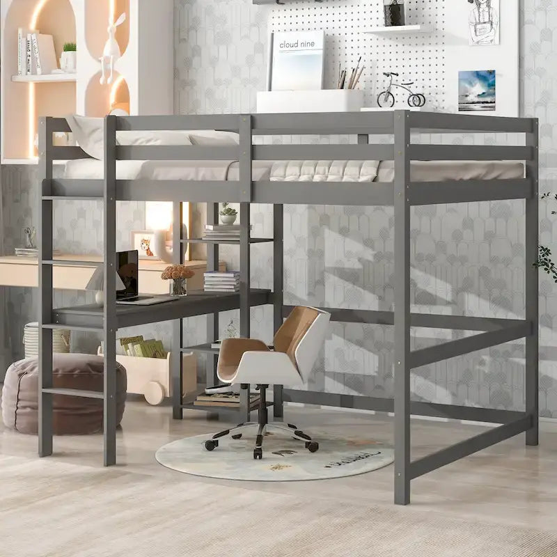 Lit mezzanine avec bureau et étagères, Espresso/Blanc/Gris, 1 place