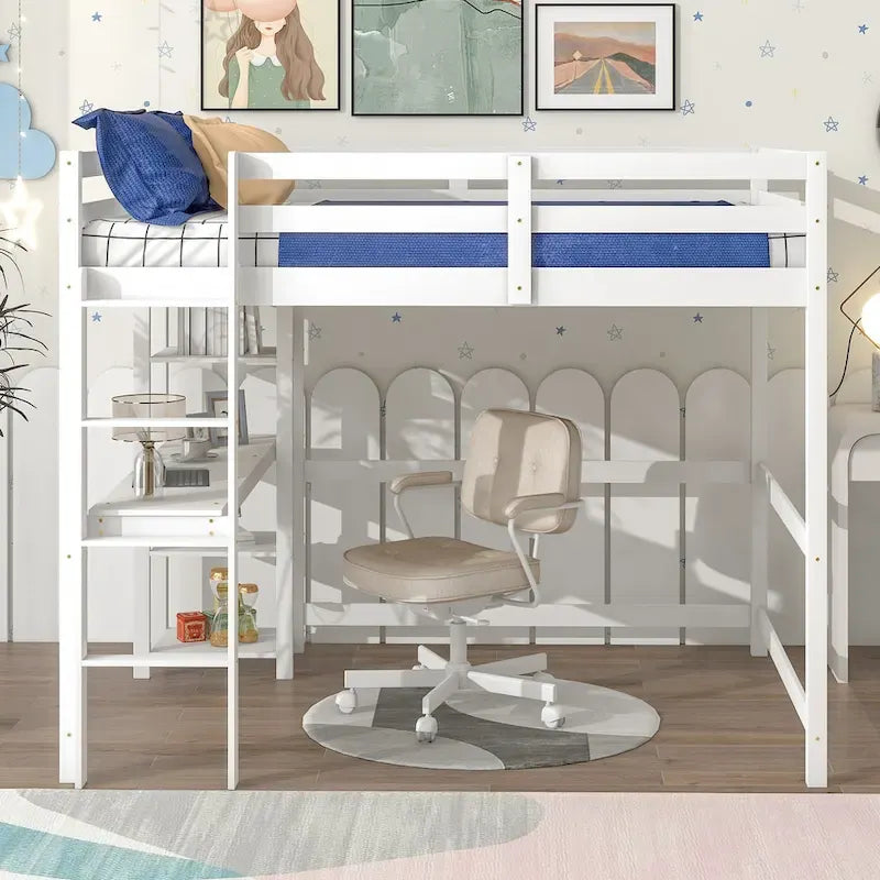 Lit mezzanine avec bureau et étagères, Espresso/Blanc/Gris, 1 place